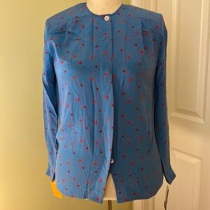 Harlan blue & red print button down long sleeve silk blouse